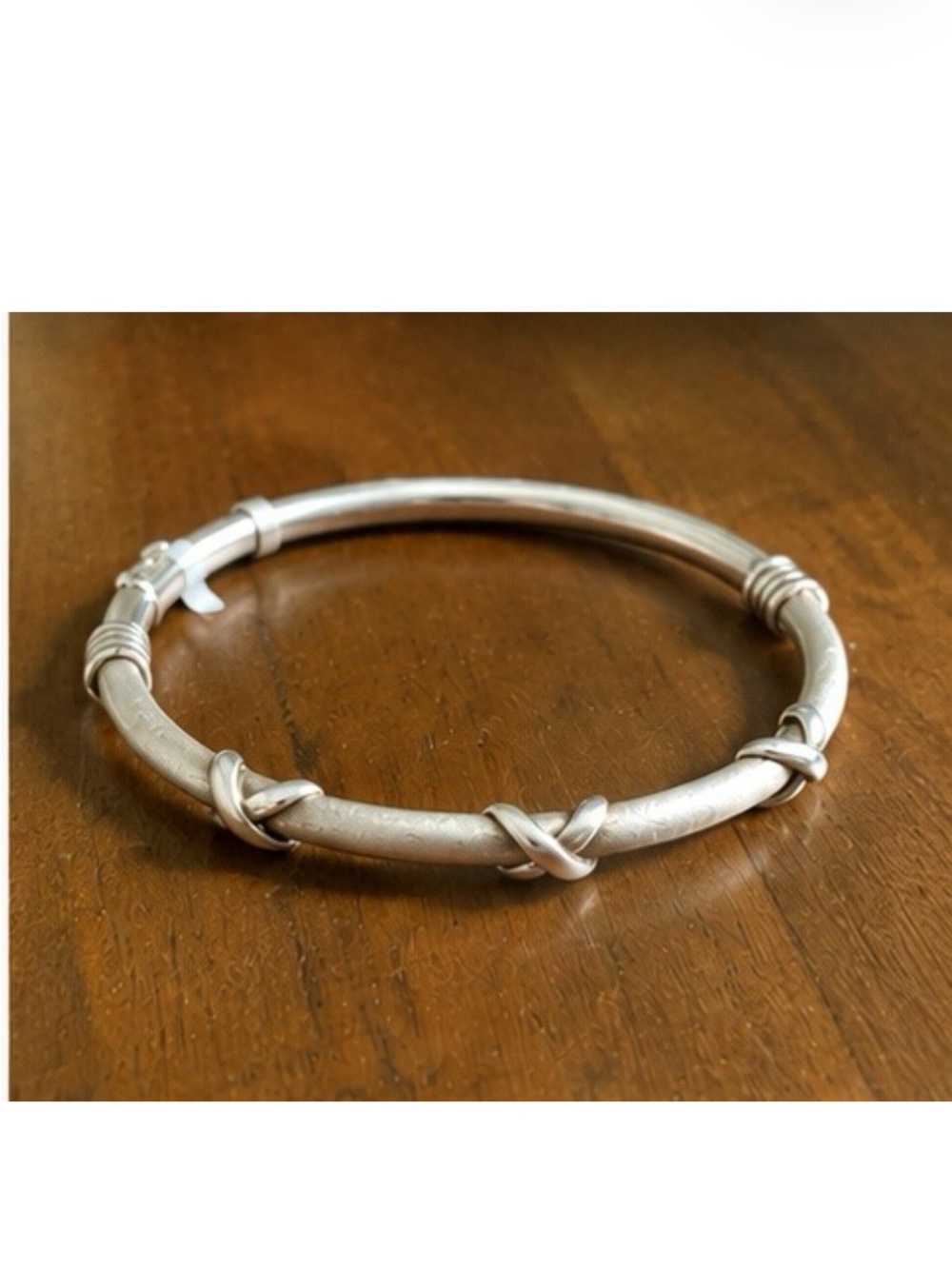 925 Sterling Silver Textured Knot Accent Hinged Bangle Bracelet - Picture 5 of 6
